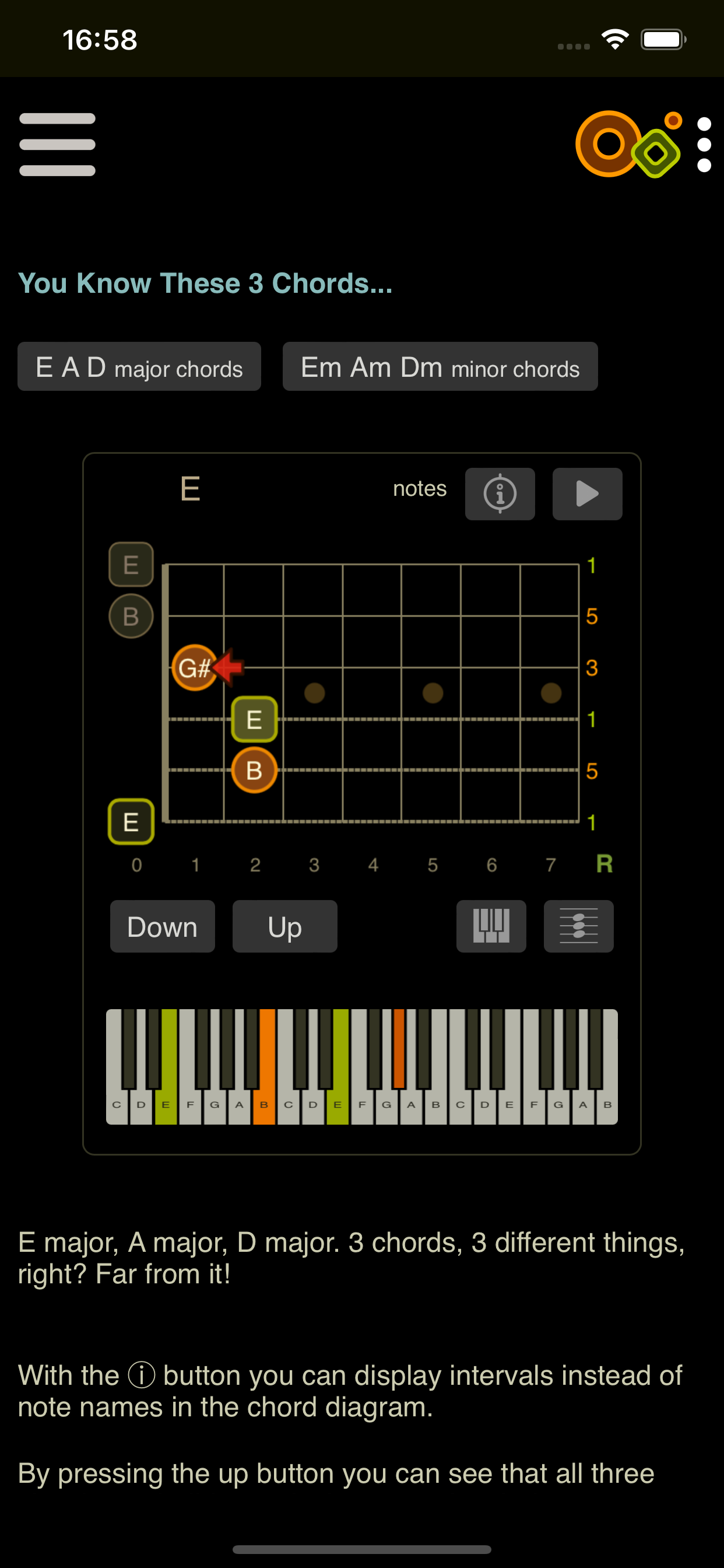 Oolimo app animated chord diagrams with piano keyboard