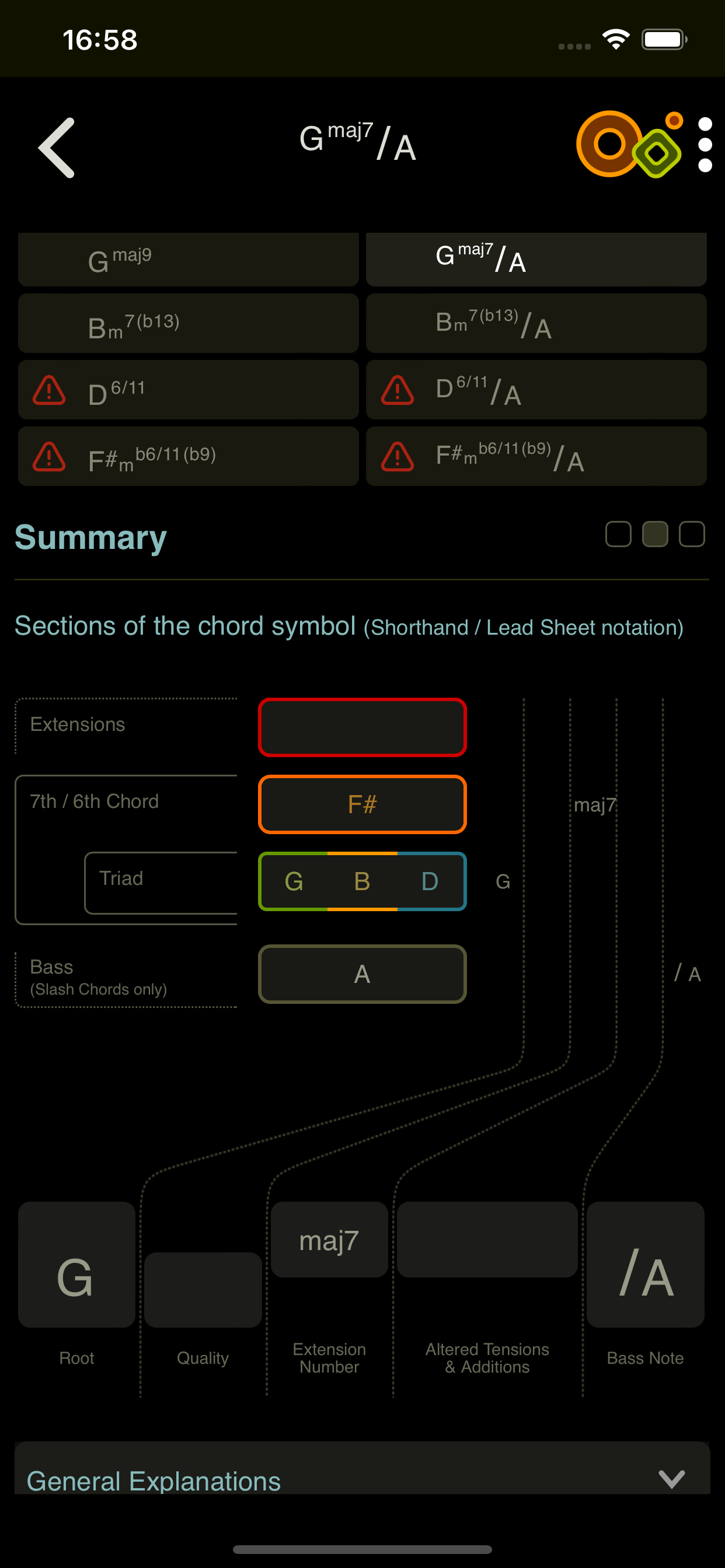 Oolimo app summary chord symbol